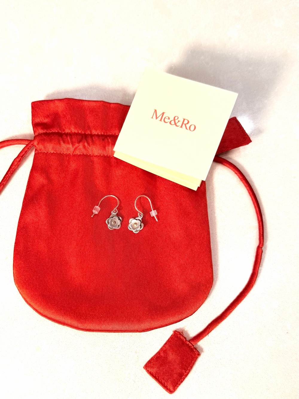 Me&Ro Sterling Silver 10K Gold Double Flower Drop Earrings Red Pouch